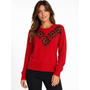 Karen Scott Angora Wool Sweater Embellished Knit Red Crewneck size Large Y2K